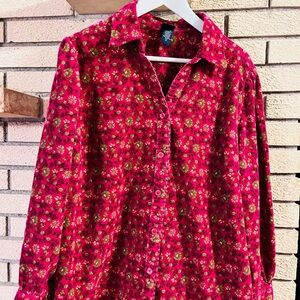 1X Corduroy 100% Cotton Long Sleeve Camp Shirt Ditsy Floral Burgundy Blouse